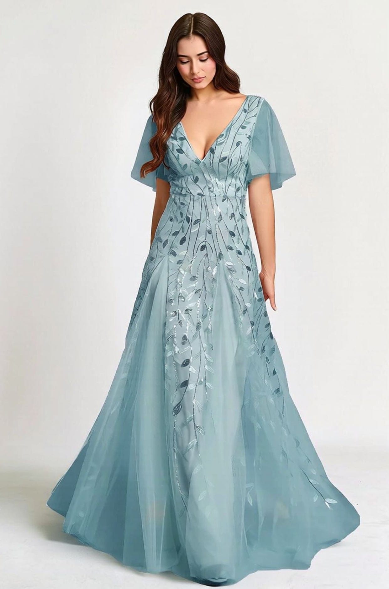 Robe de soirée mariage longue bohème bleu manches courtes fluide décolleté chic pour invitée élégante