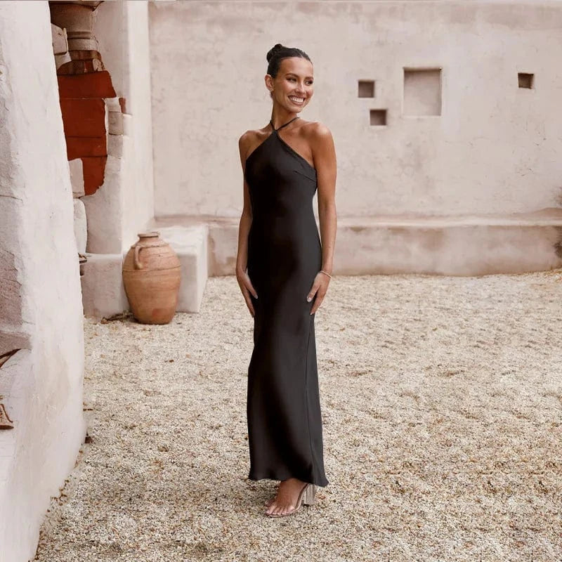 robe de soirée mariage chic dos nu noire longue moulante sans manches élégante pour invitée femme