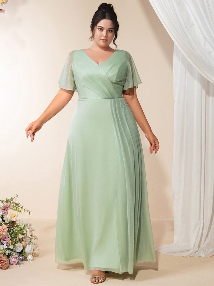 Robe de soirée grande taille chic verte longue trapèze manches courtes élégante pour mariage ou cocktail