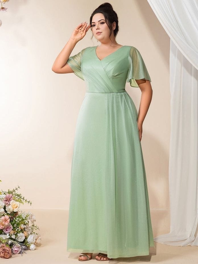 Robe de soirée grande taille longue verte manches courtes fluide élégante pour mariage invité femme