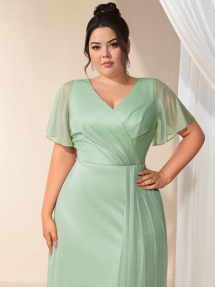 Robe de soirée mariage grande taille chic verte longue trapèze manches courtes élégante femme