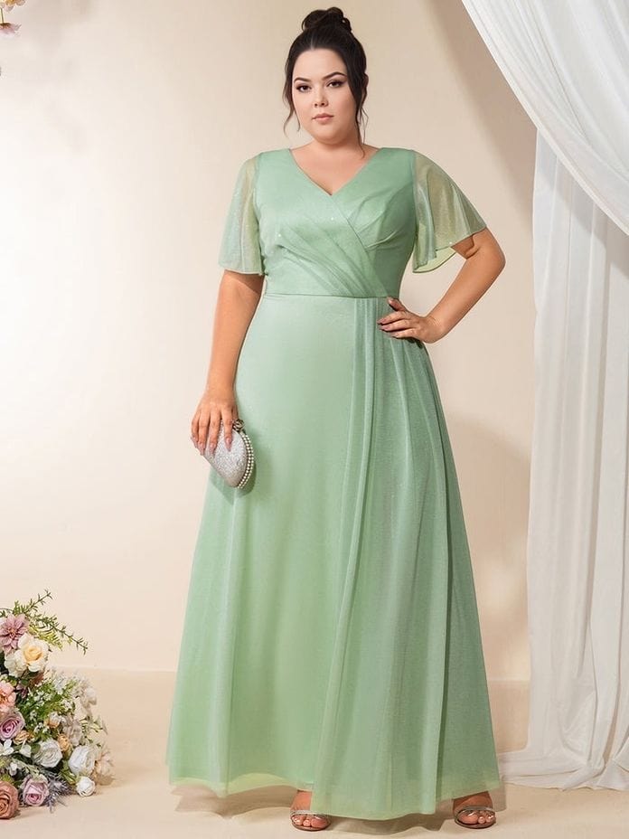 Robe de soirée mariage grande taille longue verte trapèze manches courtes élégante femme avec pochette