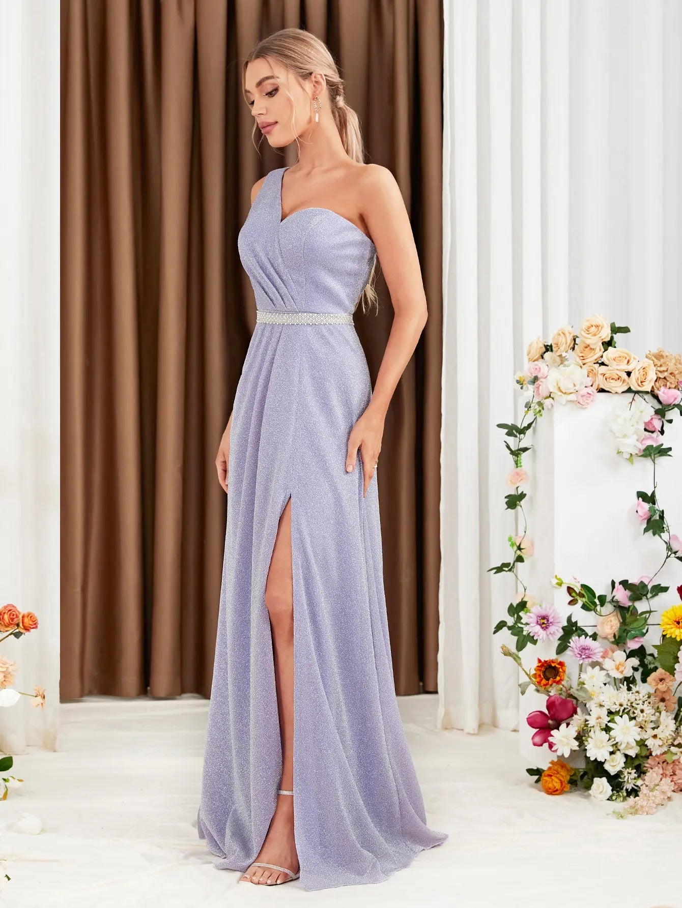 Robe de soirée mariage lilas avec ceinture