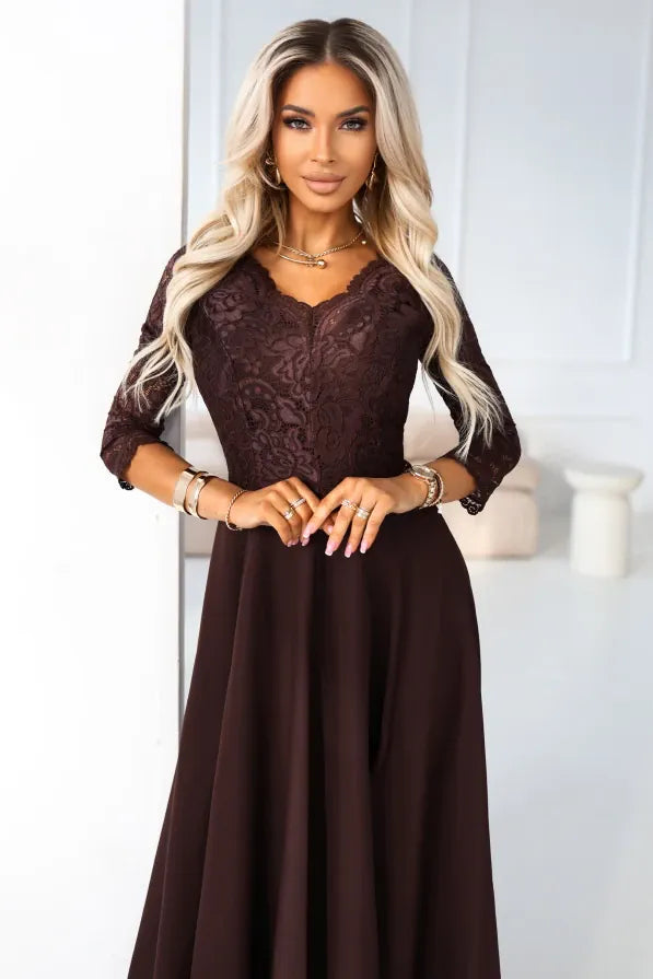 Robe de soirée marron longue haut en dentelle