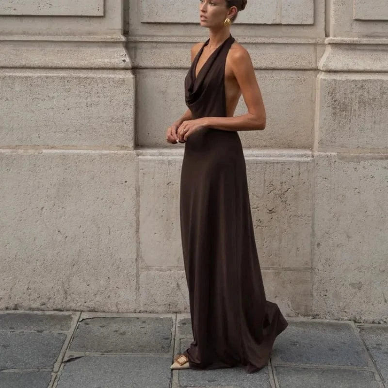 Robe de soirée chic longue marron dos nu fluide sans manches élégante pour invité mariage été urbain