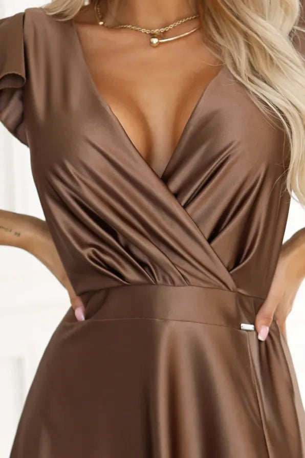 Robe de soirée maxi marron satinée