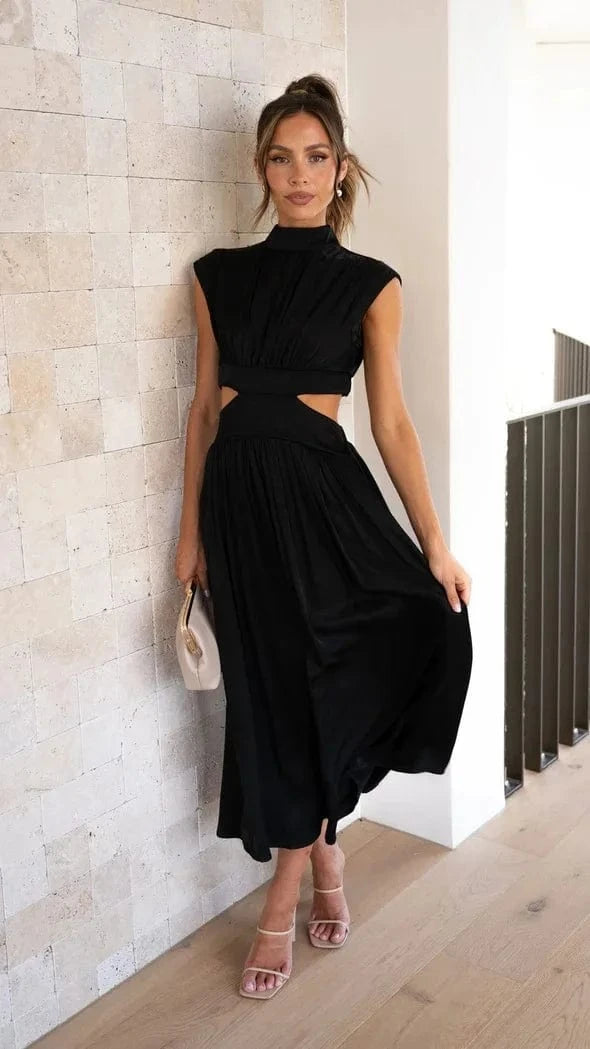 robe soirée chic midi fluide col halter pour mariage invité été, élégante et féminine sans manches