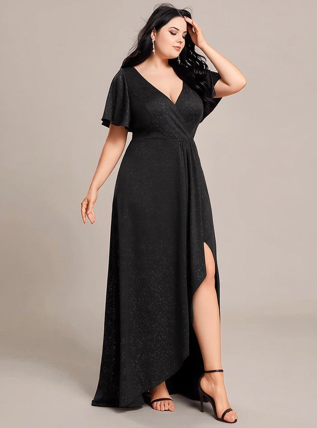 Robe de soirée grande taille chic noire longue fendue manches courtes élégante pour femme invitée