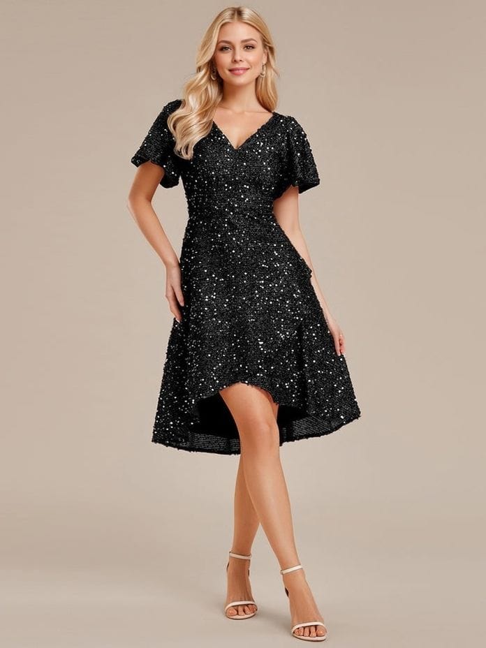 Robe de soirée chic noire courte à manches courtes style sequin, idéale pour cocktail ou événement festif élégant
