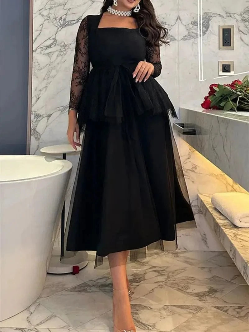 Robe de soirée chic noire manches longues midi en dentelle élégante pour mariage invité ou cocktail