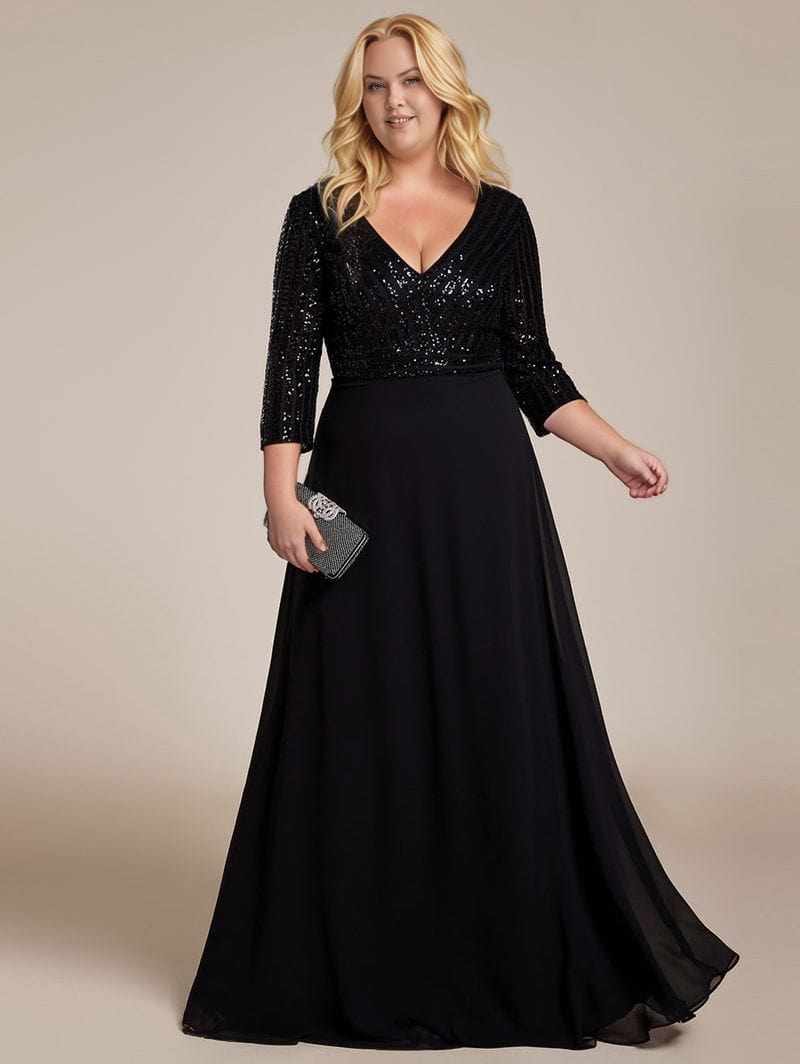 Robe de soirée grande taille chic noire longue manches trois quarts décolleté trapèze élégante avec pochette