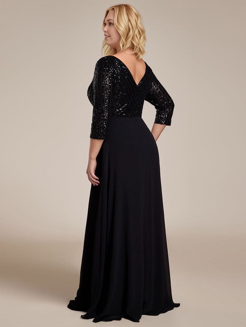 Robe de soirée grande taille noire longue manches 3/4 élégante dos nu chic pour femme habillée gala