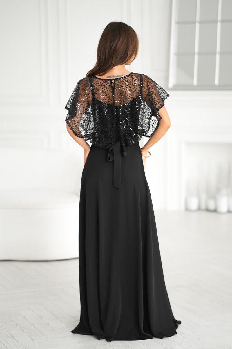 Robe de soirée chic longue noire manches courtes sequins élégante pour mariage invité ou gala