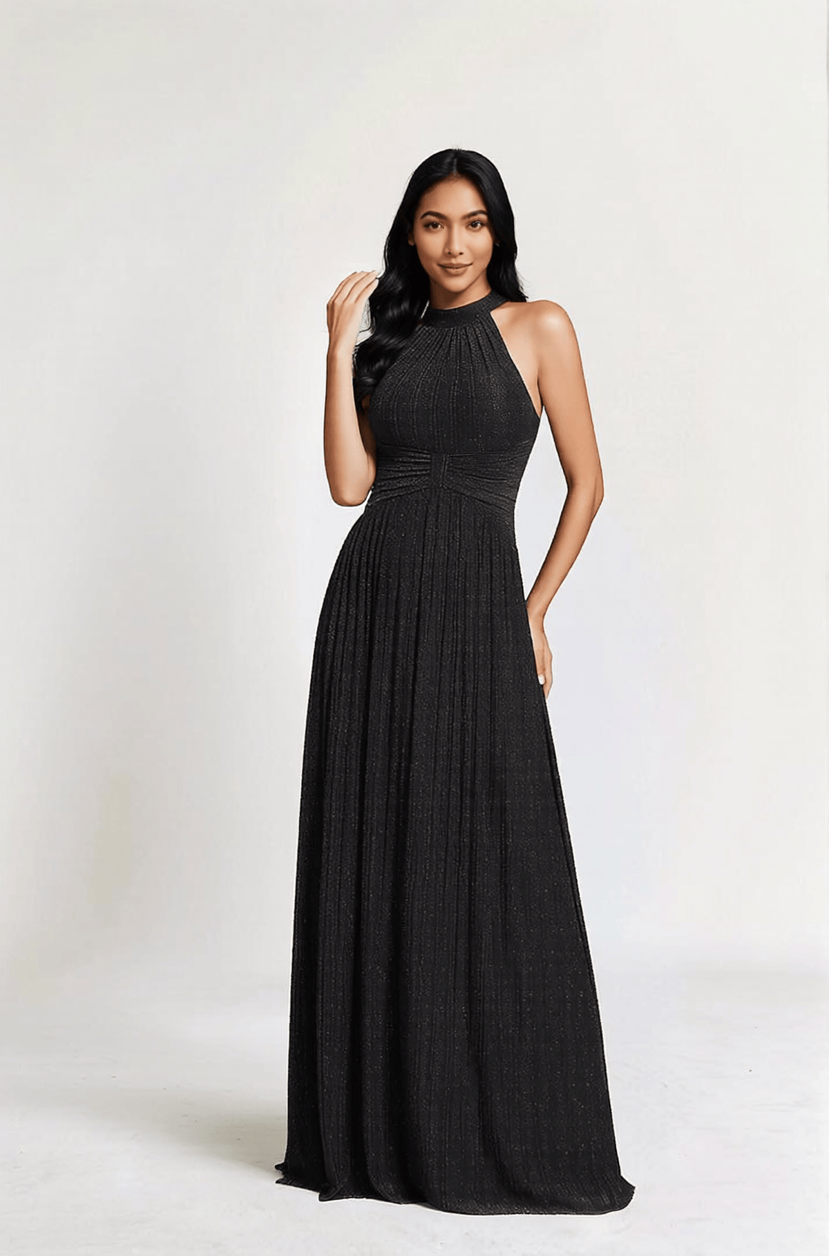 Robe de soirée chic longue noire évasée sans manches élégante pour mariage invitée ou gala, style moderne