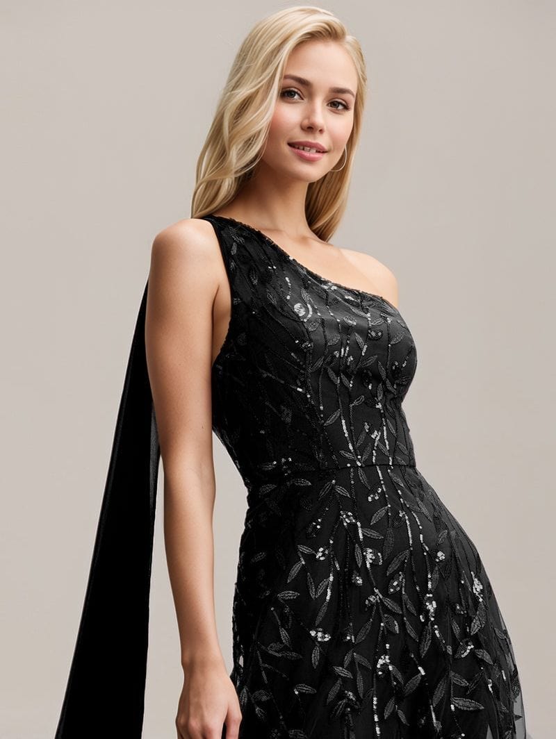 Robe de soirée chic noire longue asymétrique à sequins style élégant idéale pour une invitation mariage cocktail