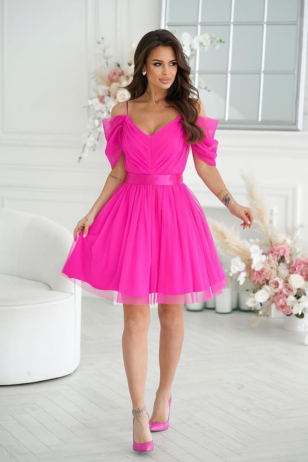 robe de cocktail évasée en tulle longue rose pour soirée chic ou invité mariage élégant