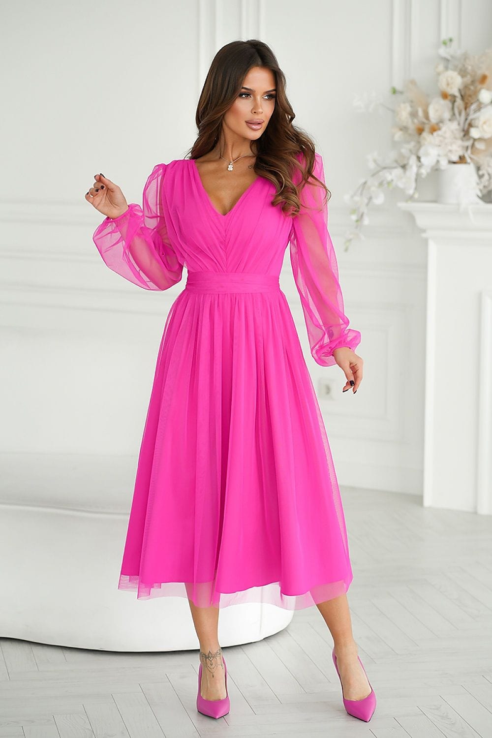 robe en tulle midi manches longues pour soirée chic fluide femme couleur champagne élégante