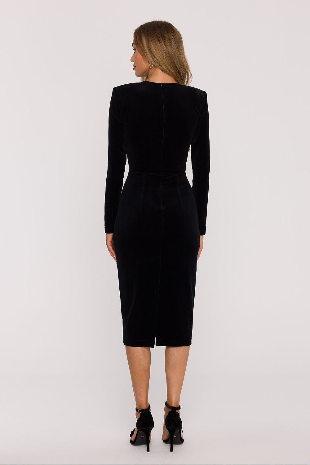 Robe de soirée chic noire midi moulante manches longues élégante femme pour évènement mariage invité