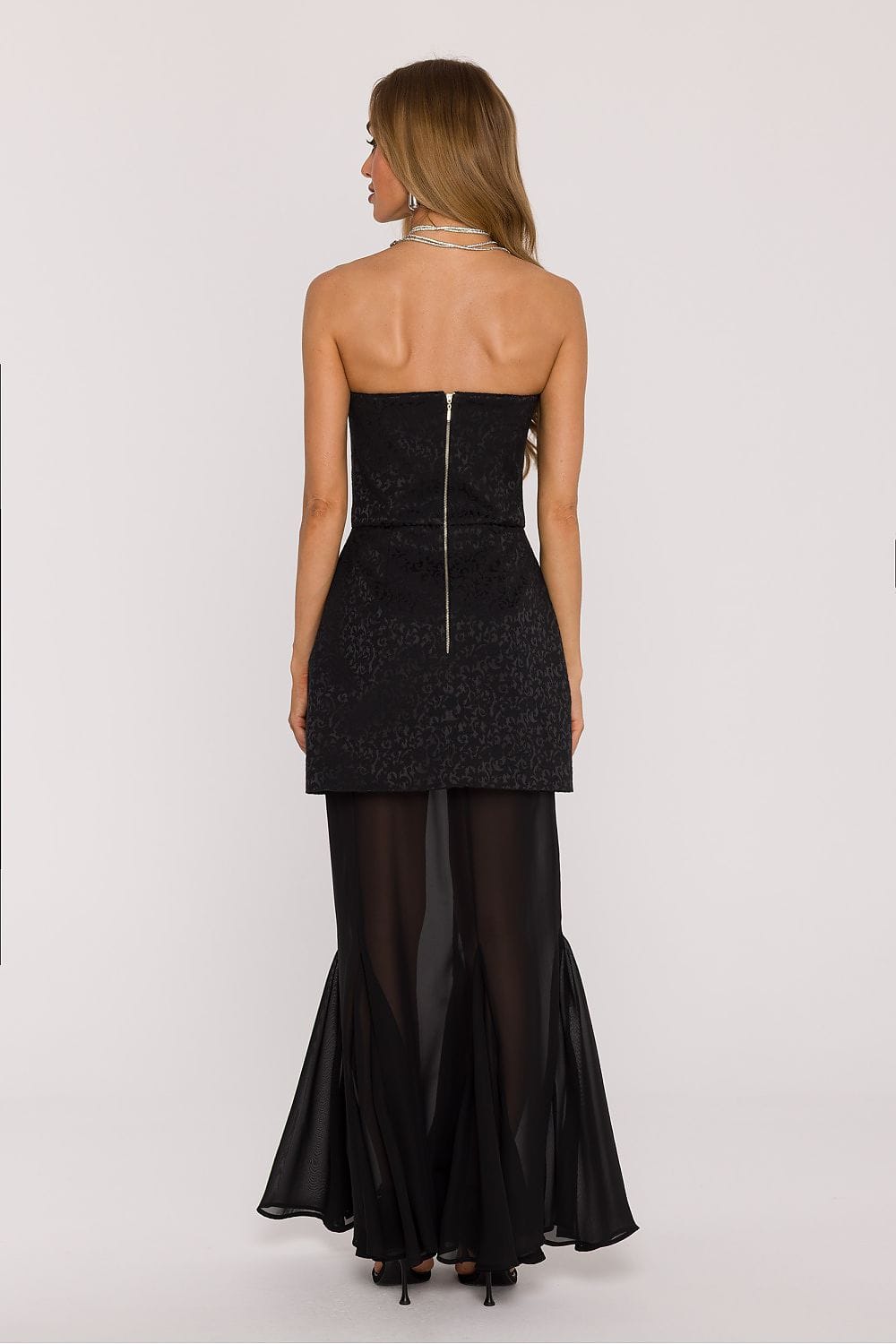 Robe de soirée chic longue noire bustier sans manches transparente élégante pour évènement mariage invité