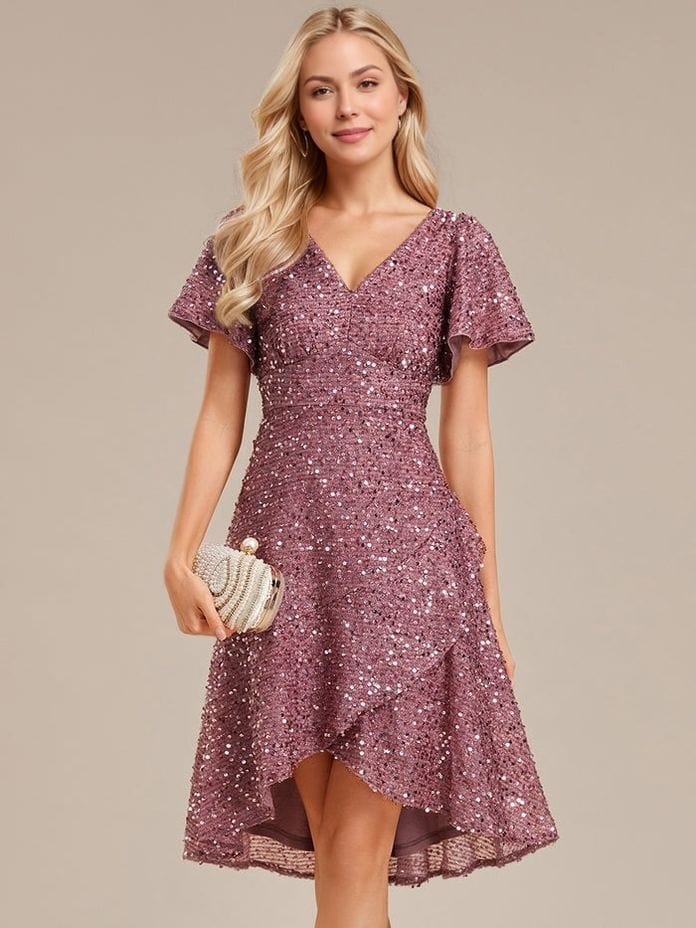 Robe de soirée paillette violette courte trapèze manches courtes avec pochette perles élégante pour événement