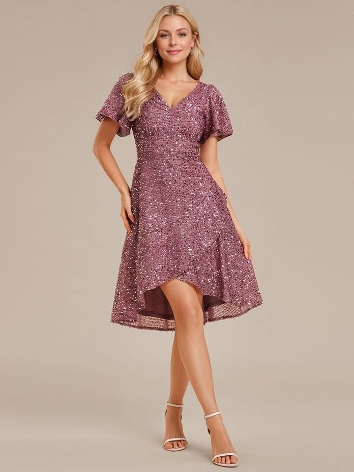 Robe de soirée paillette courte violette manches courtes décolleté élégante pour cocktail ou mariage invité