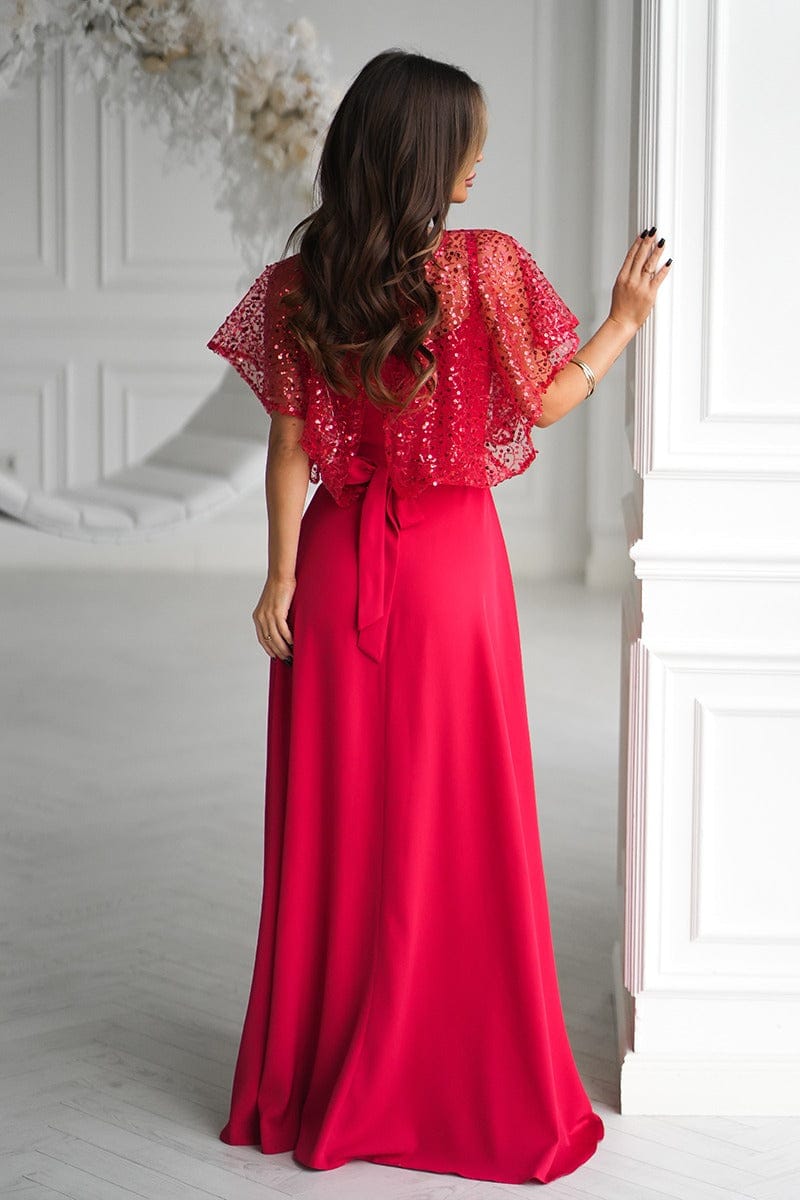 Robe de soirée chic longue rouge manches courtes dos nu élégante pour mariage invité ou gala événement spécial