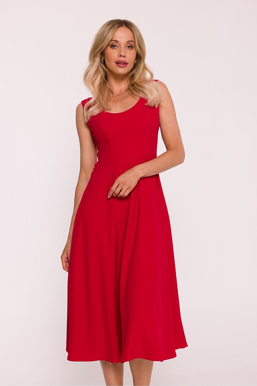 Robe de soirée chic rouge midi sans manches élégante pour mariage invité ou cocktail été femme
