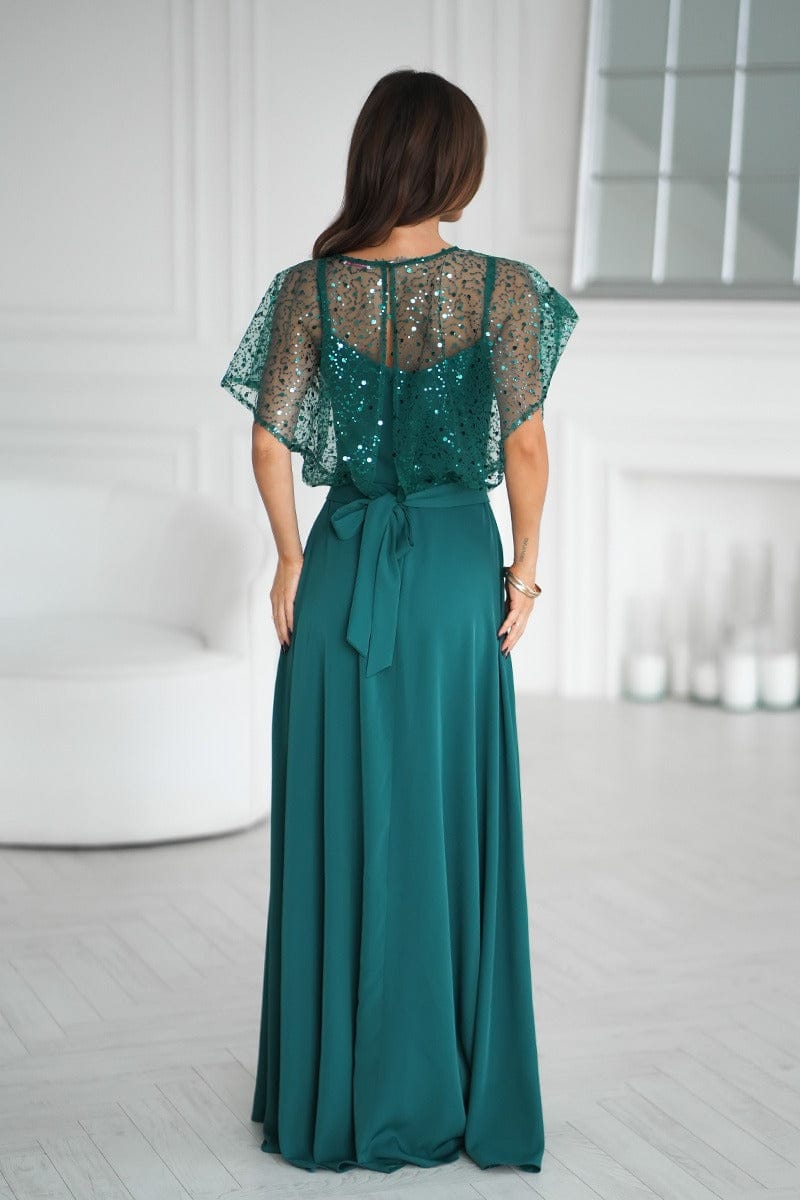 Robe longue soirée chic verte manches courtes sequins femme élégante dos noué pour mariage invité