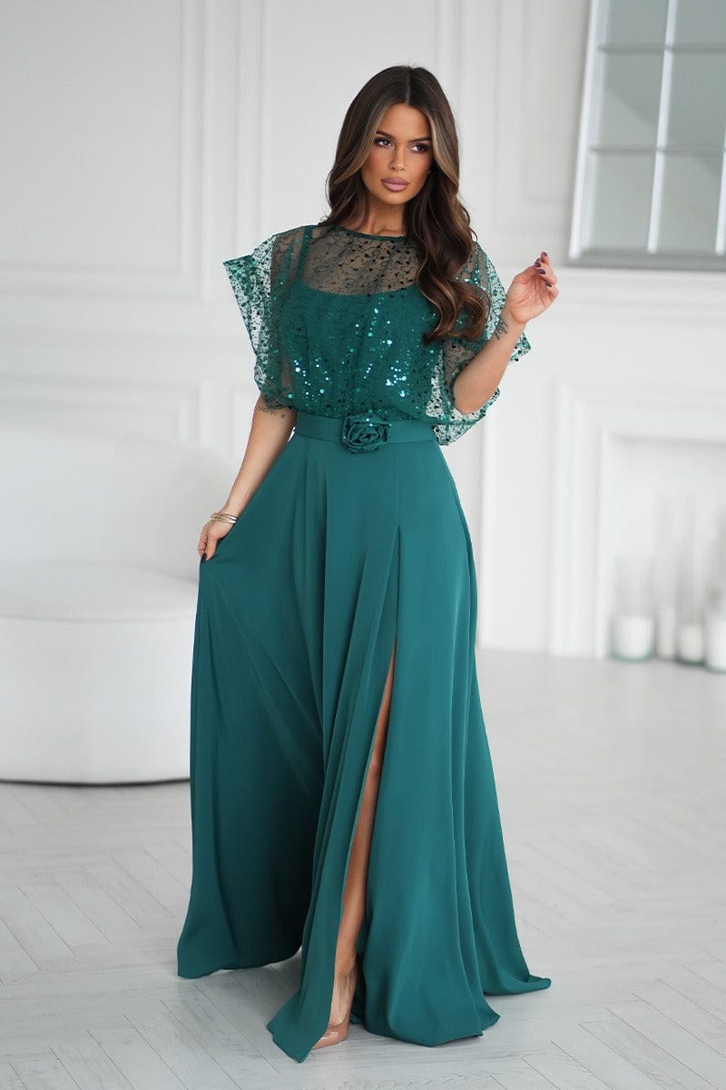 Robe longue soirée chic verte fendue manches courtes sequins élégante pour mariage invité ou gala