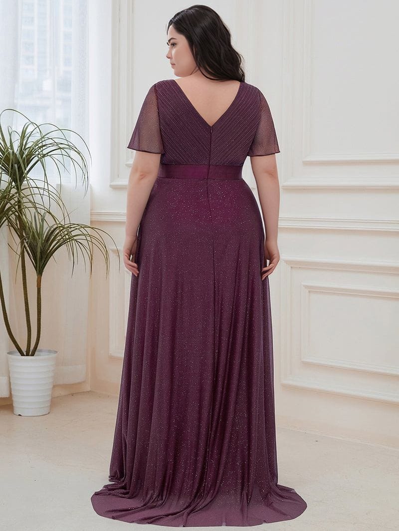 Robe de soirée grande taille longue prune manches courtes élégante dos nu femme chic pour mariage invité