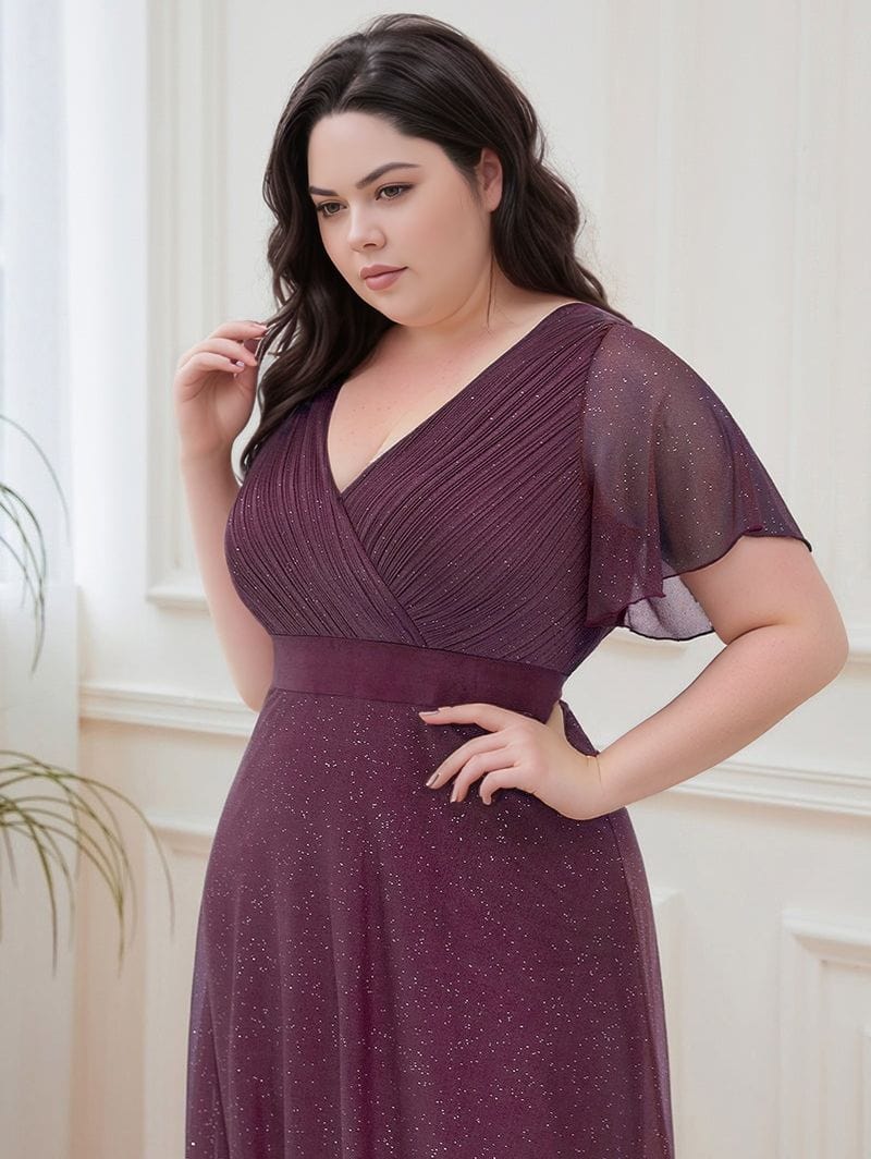 Robe de soirée grande taille longue violette manches courtes chic décolleté fluide pour femme élégante