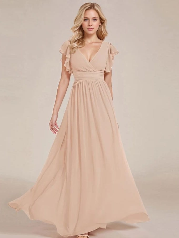 Robe demoiselle d'honneur à manches courtes à volants