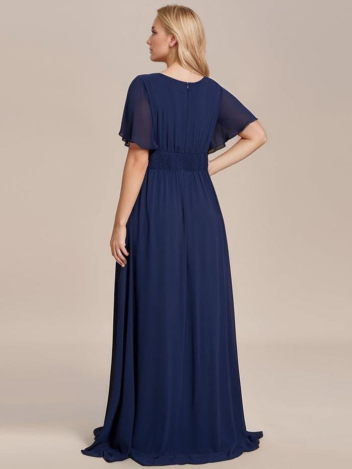 Robe de soirée longue bleu élégante trapèze manches courtes chic parfaite pour mariage invitée été