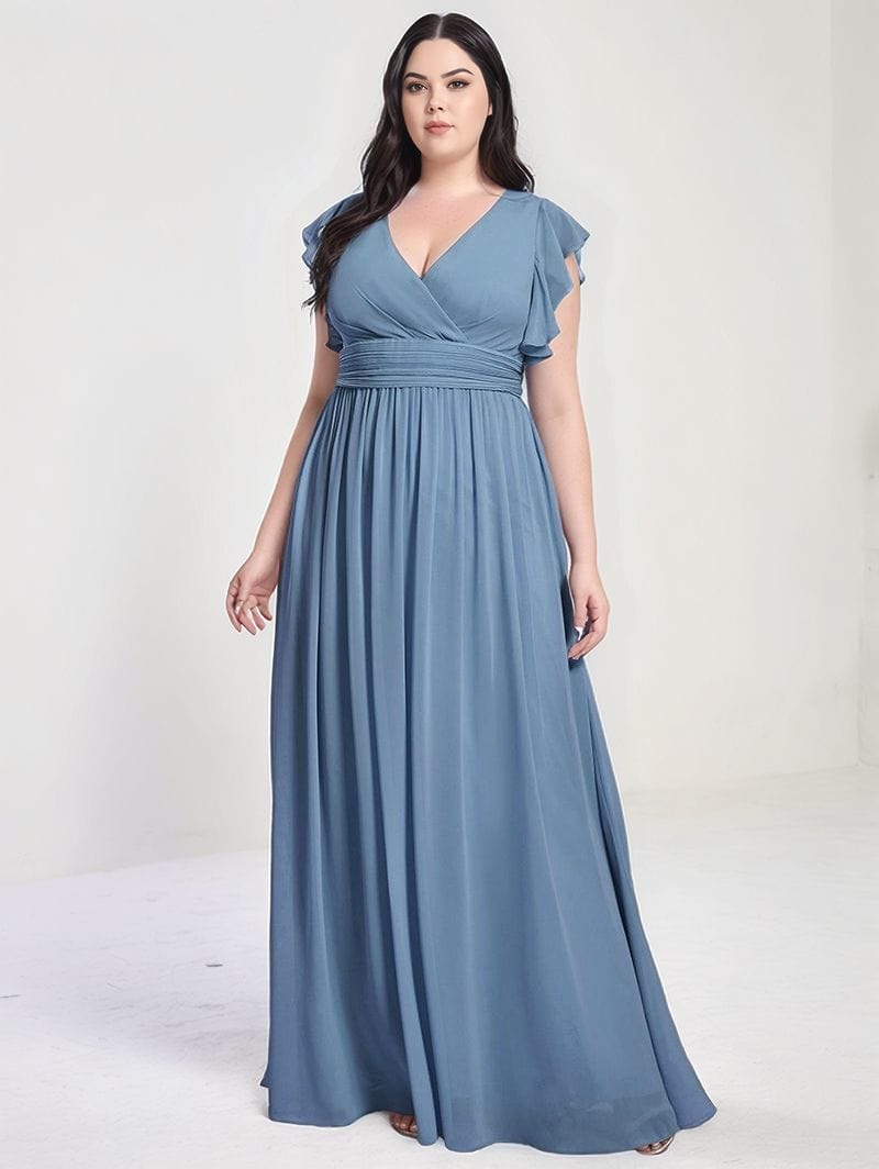 Robe de soirée grande taille longue bleu fluide femme chic manches courtes silhouette évasée élégante
