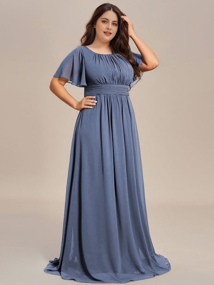 Robe de soirée grande taille longue bleue fluide femme manches courtes élégante pour mariage invité chic