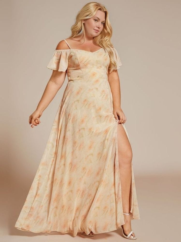 Robe de soirée grande taille longue fluide beige fendue épaules dénudées été femme élégante pour mariage invité