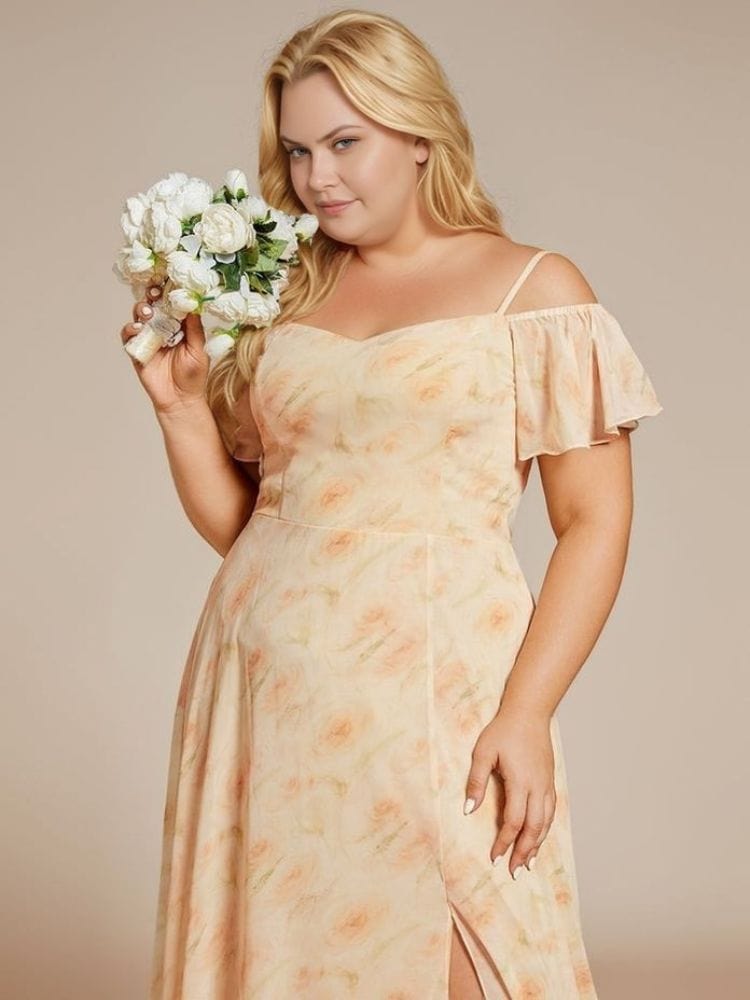 Robe grande taille champêtre longue beige épaules dénudées fendue idéale mariage ou cérémonie été