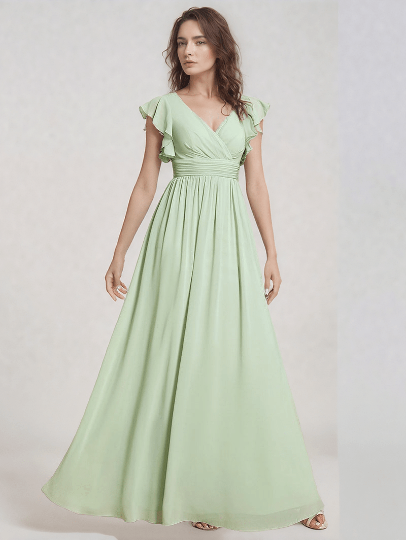 Robe longue verte bohème décolleté manches courtes fluide pour mariage invitée chic ou soirée élégante