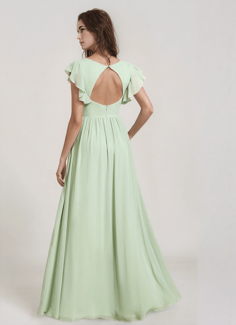 Robe dos nu longue verte bohème pour soirée mariage invitée chic, manches courtes fluide élégante