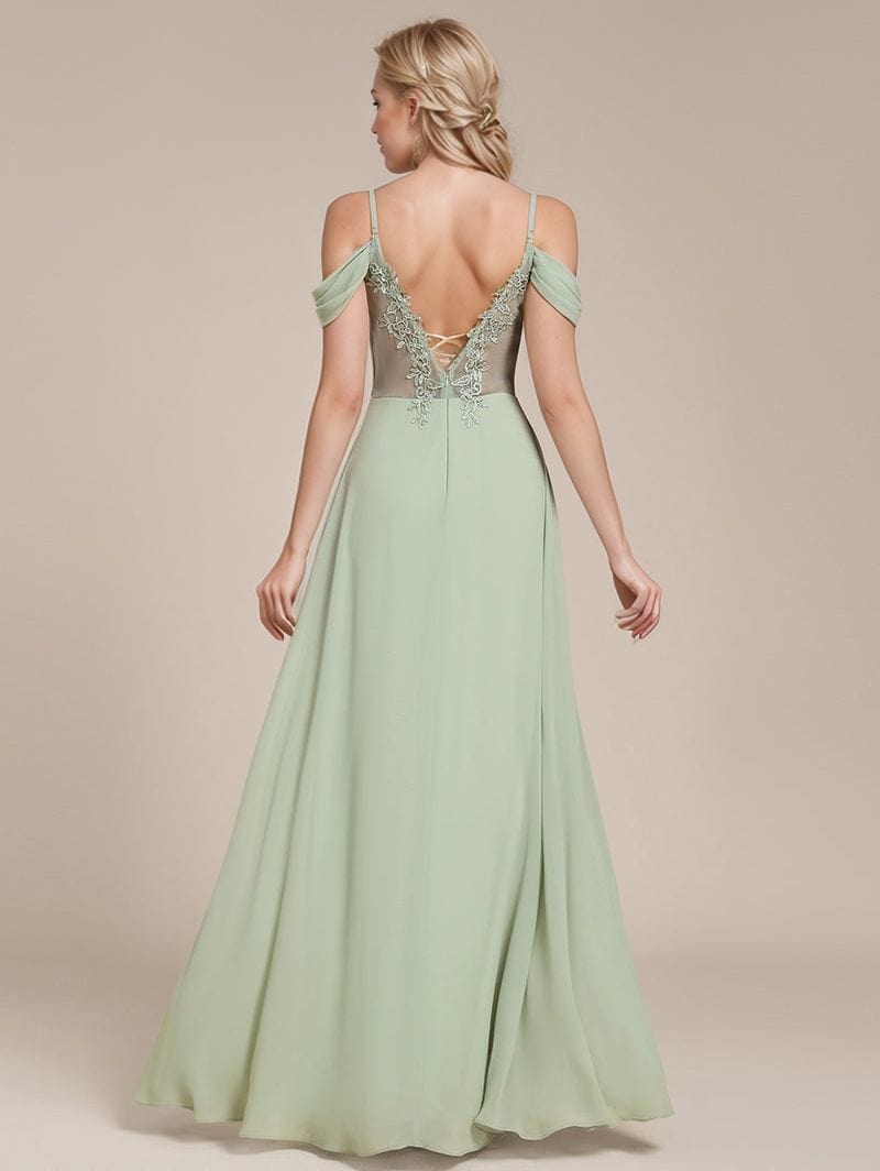 Robe de soirée longue verte dos nu élégante bohème invitée mariage chic manches épaules dénudées