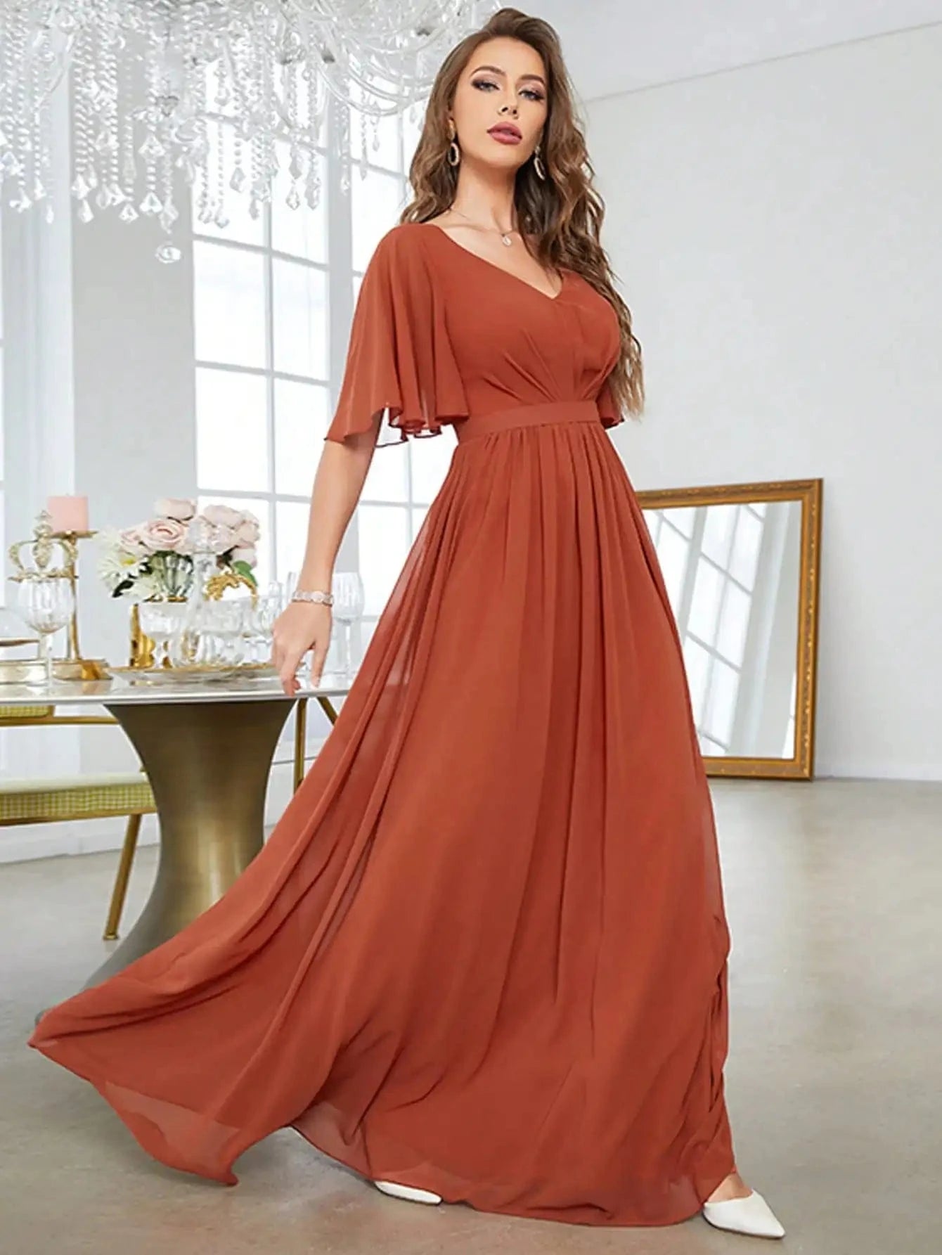 robe demoiselle d'honneur longue terracotta chic pour mariage bohème invité silhouette trapèze élégante