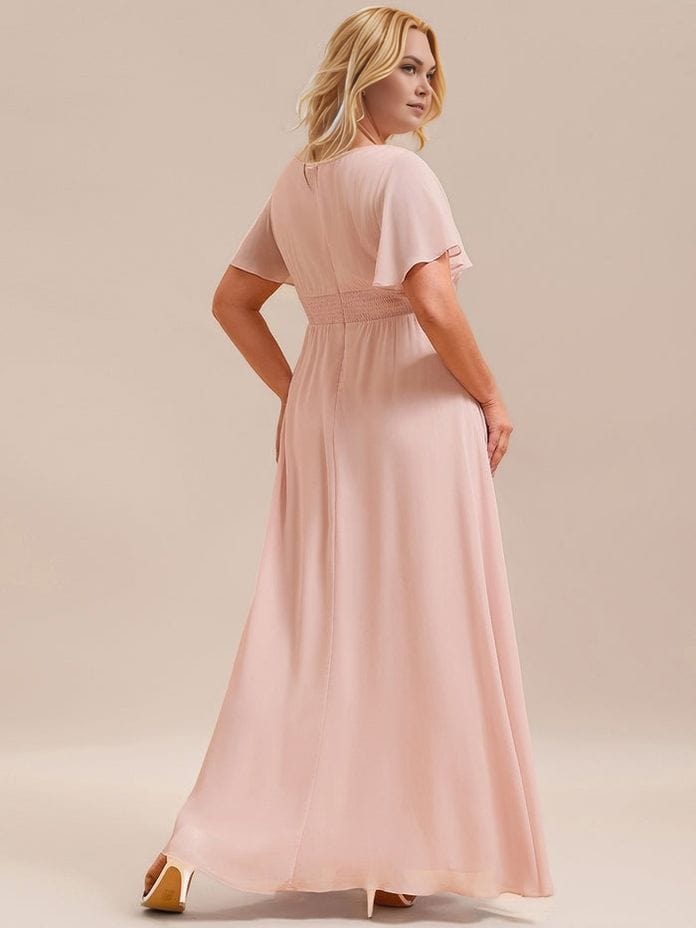 Robe de soirée chic longue rose poudré fluide manches courtes style élégant pour mariage invité femme