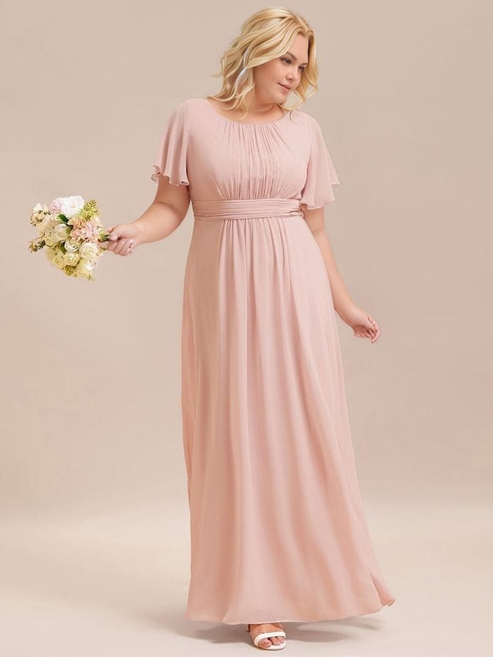 Robe demoiselle d’honneur grande taille longue rose poudré fluide manches courtes style bohème chic