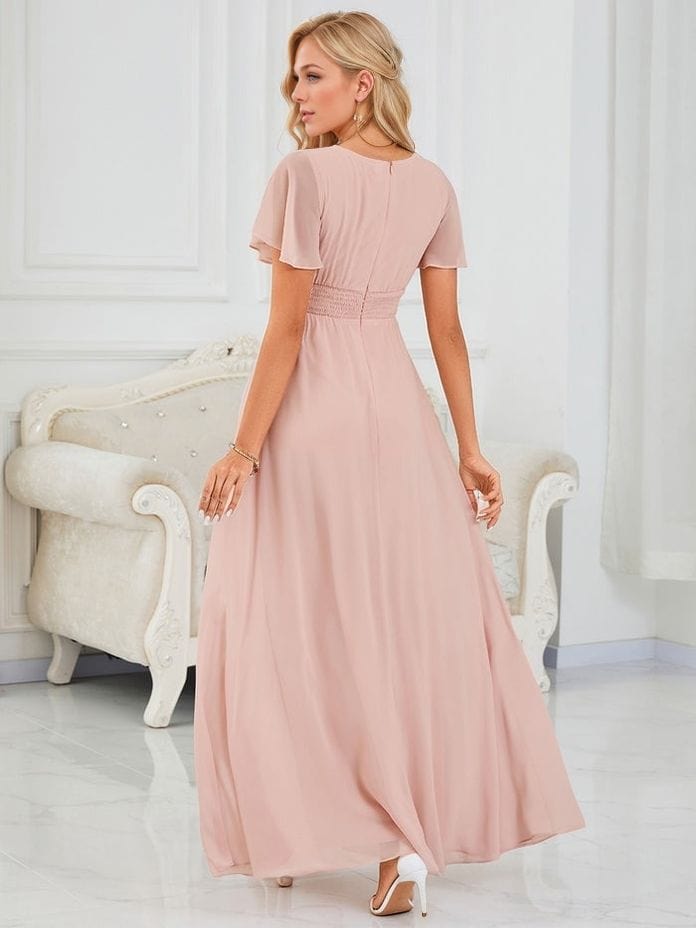 Robe demoiselle d'honneur bohème longue rose poudré manches courtes fluide élégante pour mariage invité