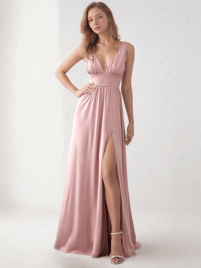 Robe longue rose poudré fendue chic sans manches pour soirée mariage invitée élégante décolleté femme