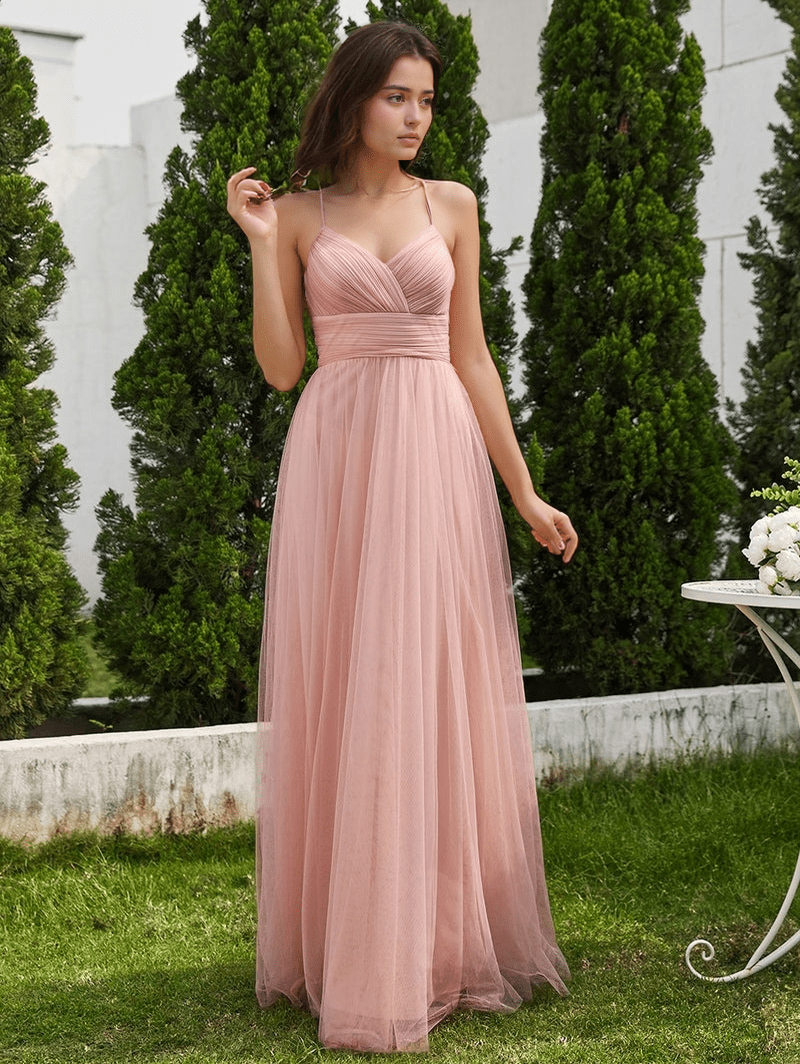 Robe longue demoiselle d'honneur bohème rose poudré fluide bretelles fines mariage été chic élégant