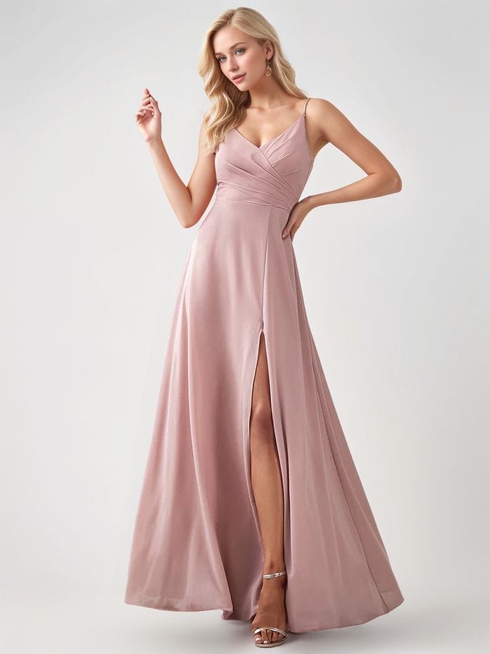 Robe demoiselle d'honneur rose poudrée avec fente haute