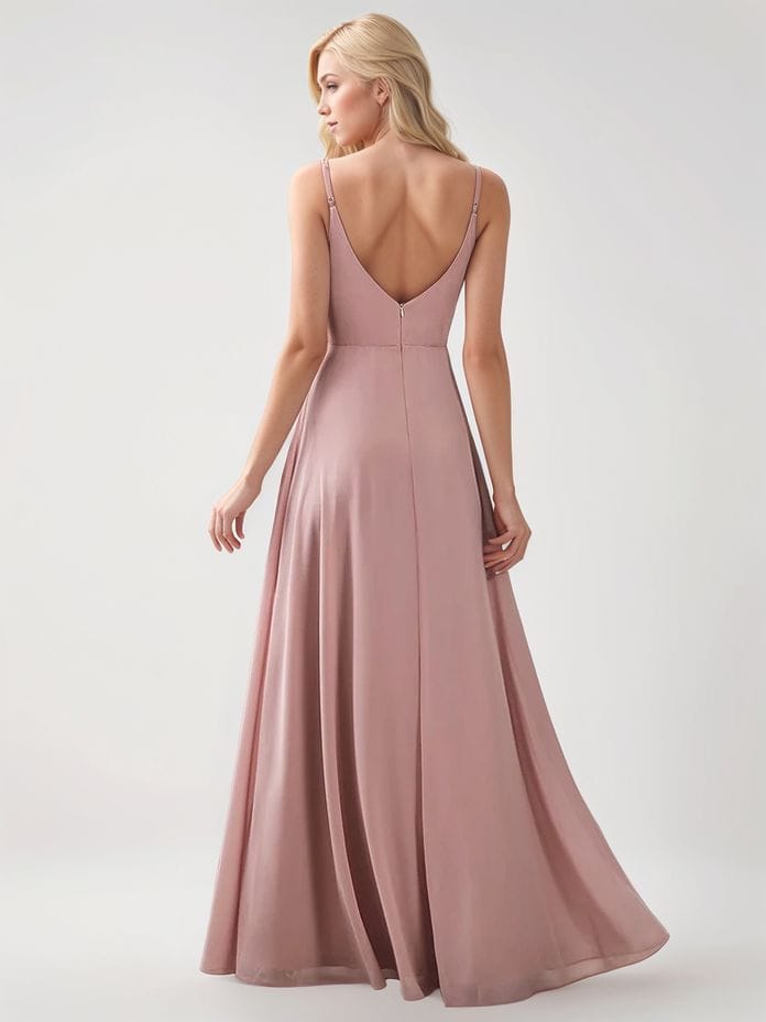 Robe demoiselle d'honneur rose poudrée avec fente haute