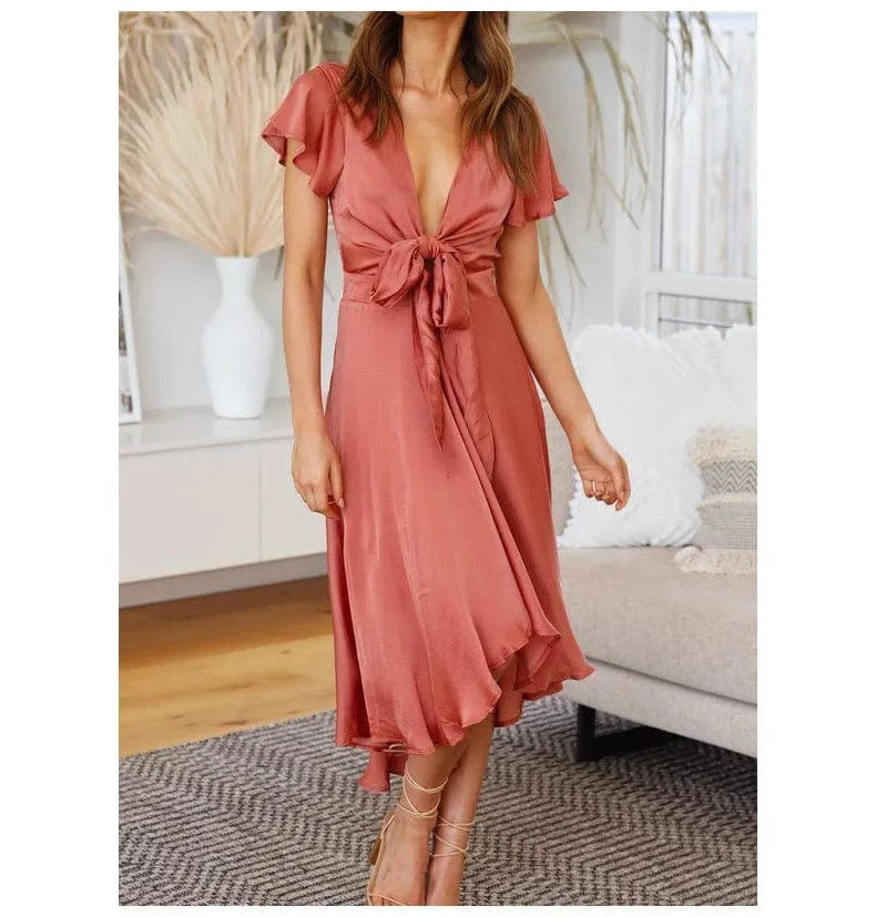 Robe de soirée chic midi terracotta décolleté fluide manches courtes parfaite pour mariage invité élégante