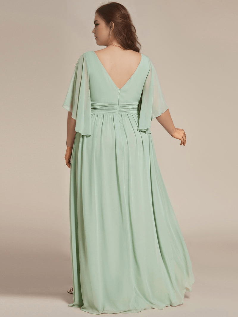 Robe de soirée mariage longue verte grande taille fluide dos nu manches courtes élégante femme invitée